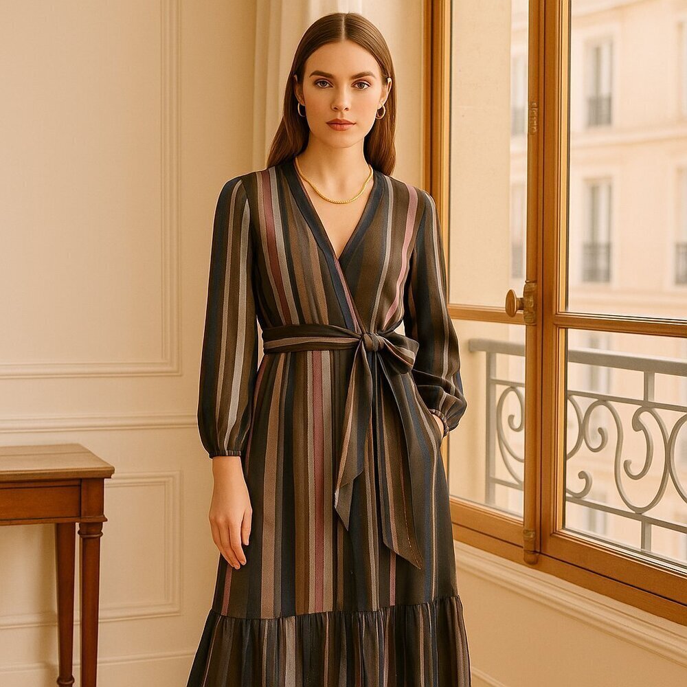 Rungolee Shimmer Striped Tiered Elegant Multicolor Maxi Dress Tie Front Size M